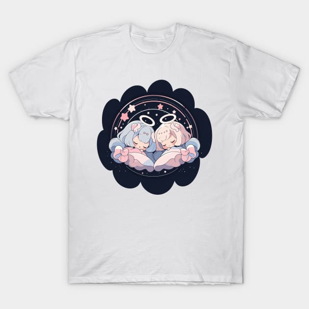 Adorable Anime Chibi Gemini Zodiac Sleeping Little Astro Girl T-Shirt by The Little Store Of Magic